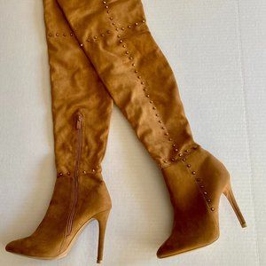 Camel Brown Studded Suede Thigh Boots